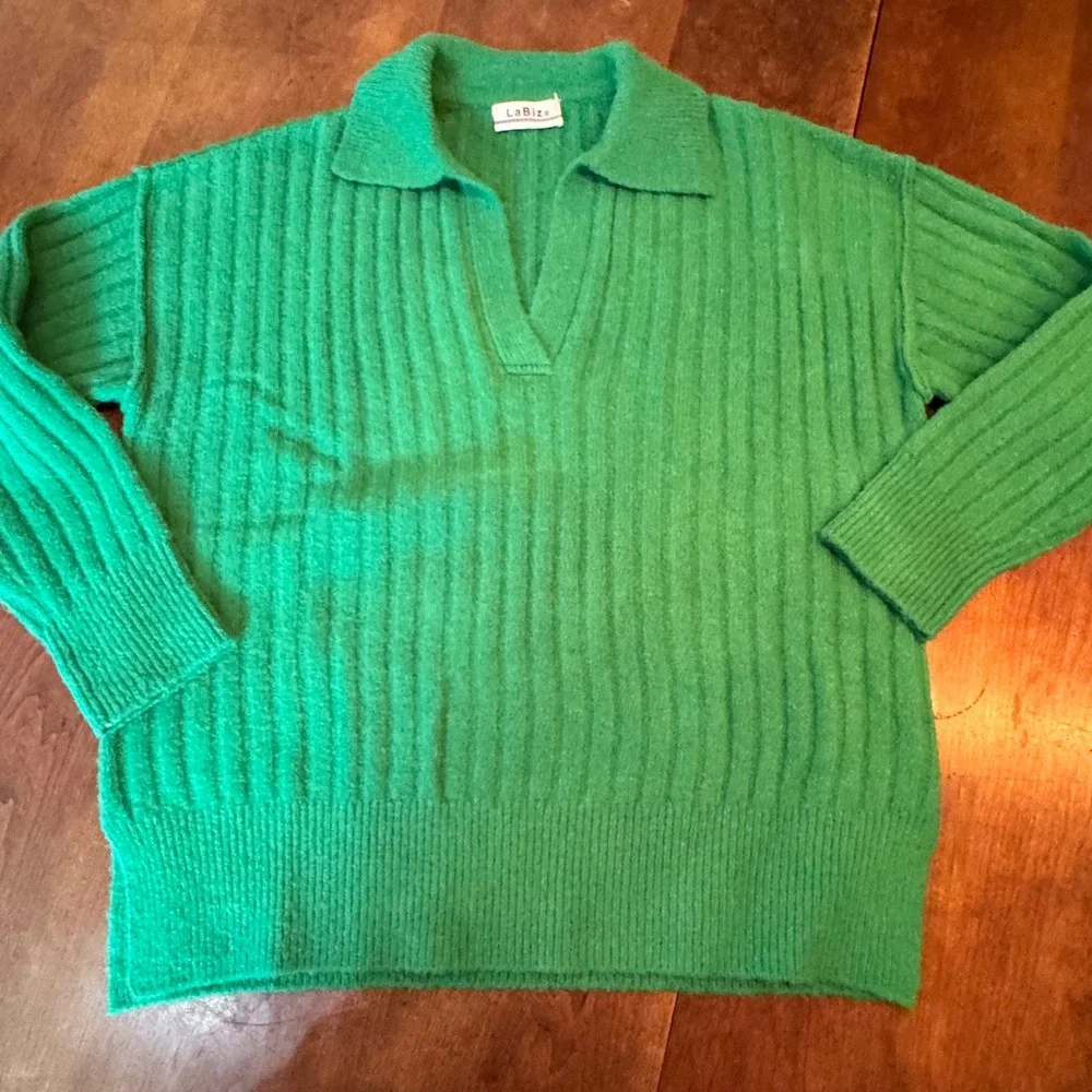 LaBiz Ribbed Polo V-Neck Sweater Womens Small Green Excellent Knit Long Sleeve - Picture 5 of 10